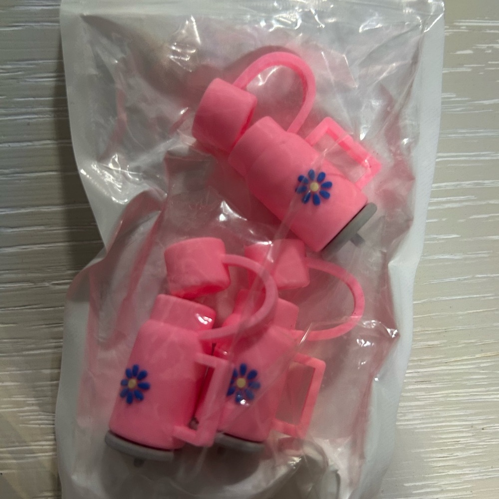 Pink Flower Water Bottle Straw Covers, New In Package, Set Of 3